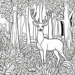 Black and white colouring book page featuring an adorable deer in a forest setting.