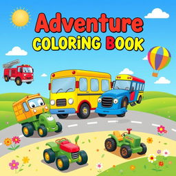 A vibrant cover for a children's vehicle coloring book, featuring an array of playful vehicles