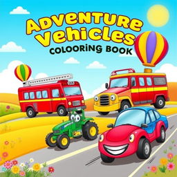 A vibrant cover for a children's vehicle coloring book, featuring an array of playful vehicles
