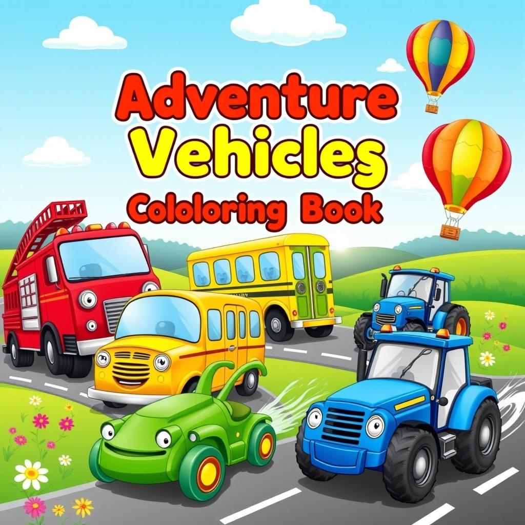 A vibrant cover for a children's vehicle coloring book, featuring an array of playful vehicles