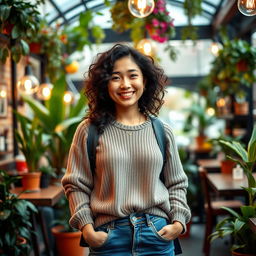 A smartphone wallpaper image of a 33-year-old Asian woman with curly hair and a warm expression, captured as if by a professional photographer