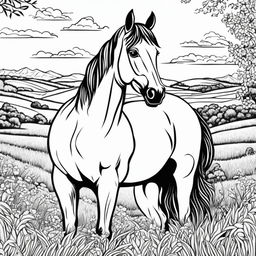 Black and white colouring book page featuring an adorable horse standing in a grassy field with a picturesque landscape in the background