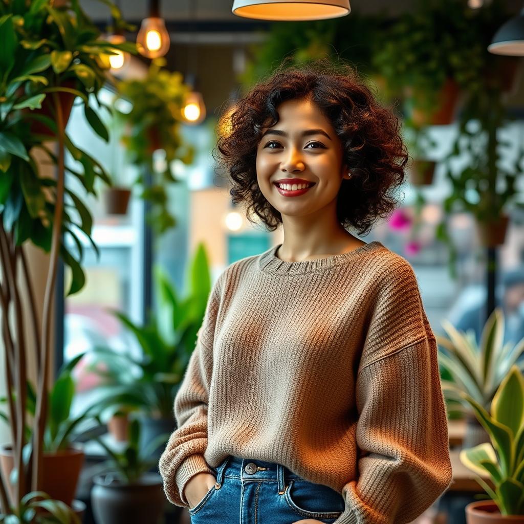 A smartphone wallpaper image of a 33-year-old Asian woman with curly hair and a warm expression, captured as if by a professional photographer