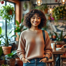 A smartphone wallpaper image of a 33-year-old Asian woman with curly hair and a warm expression, captured as if by a professional photographer