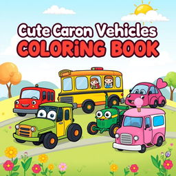 A cute and colorful cover design for a cartoon vehicles coloring book aimed at kids