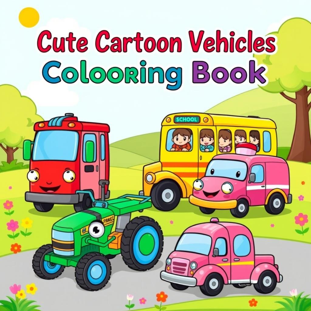 A cute and colorful cover design for a cartoon vehicles coloring book aimed at kids