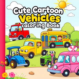 A cute and colorful cover design for a cartoon vehicles coloring book aimed at kids