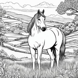 Black and white colouring book page featuring an adorable horse standing in a grassy field with a picturesque landscape in the background