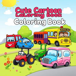 A cute and colorful cover design for a cartoon vehicles coloring book aimed at kids