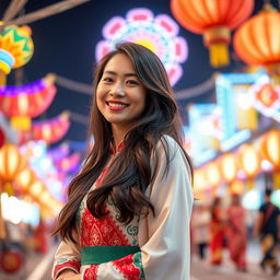 A smartphone wallpaper image of a 40-year-old Asian woman with long, flowing hair and a radiant smile, captured as if by a professional photographer