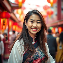 A smartphone wallpaper image of a 40-year-old Asian woman with long, flowing hair and a radiant smile, captured as if by a professional photographer