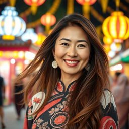 A smartphone wallpaper image of a 40-year-old Asian woman with long, flowing hair and a radiant smile, captured as if by a professional photographer