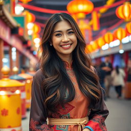 A smartphone wallpaper image of a 40-year-old Asian woman with long, flowing hair and a radiant smile, captured as if by a professional photographer