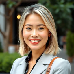 A charming woman aged 30 with Asian features and light-colored hair