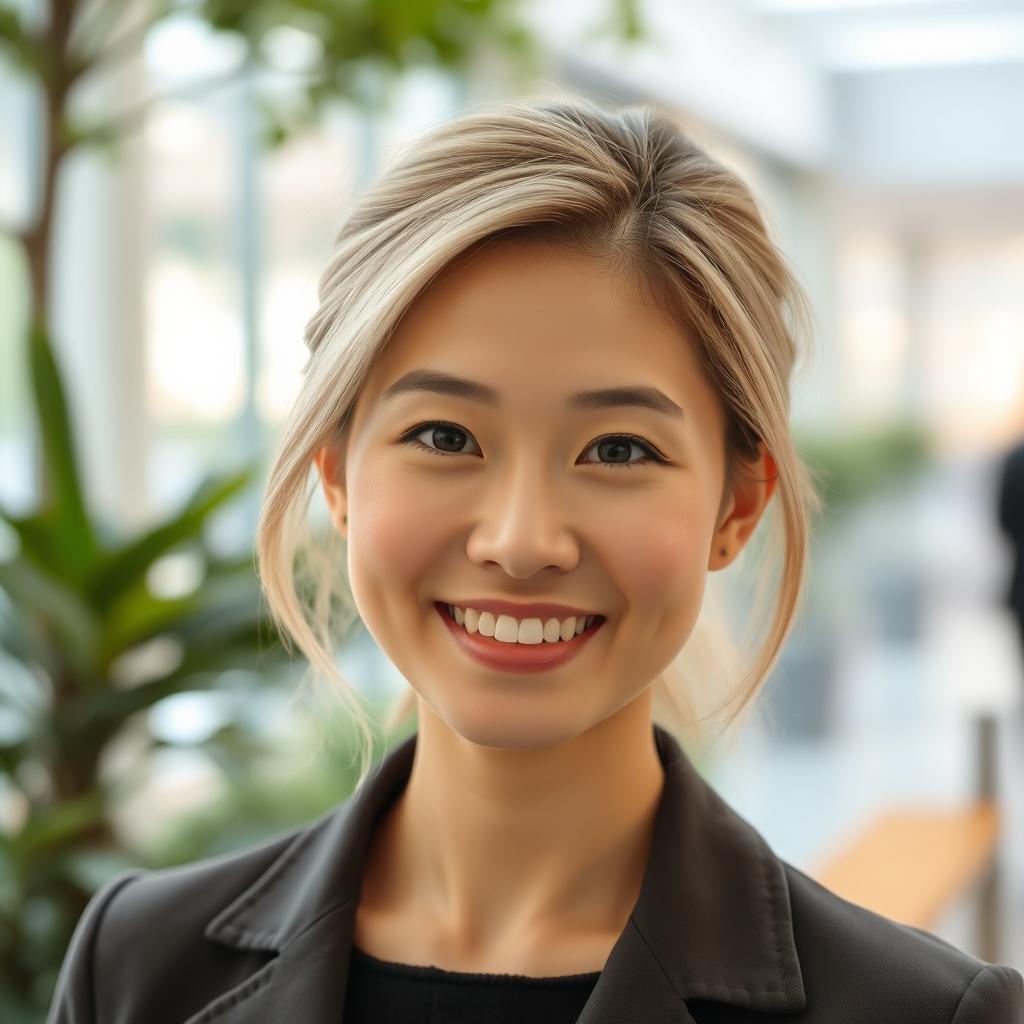 A charming woman aged 30 with Asian features and light-colored hair