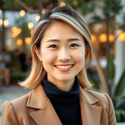 A charming woman aged 30 with Asian features and light-colored hair