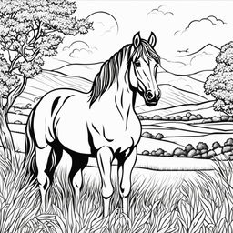 Black and white colouring book page featuring an adorable horse standing in a grassy field with a picturesque landscape in the background