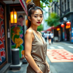 A smartphone wallpaper image of a 31-year-old Asian woman with a sleek ponytail and a sophisticated look, captured as if by a professional photographer