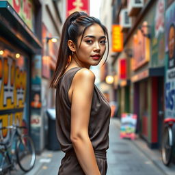 A smartphone wallpaper image of a 31-year-old Asian woman with a sleek ponytail and a sophisticated look, captured as if by a professional photographer