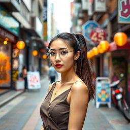 A smartphone wallpaper image of a 31-year-old Asian woman with a sleek ponytail and a sophisticated look, captured as if by a professional photographer
