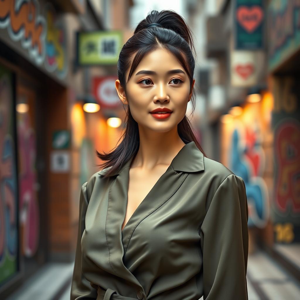 A smartphone wallpaper image of a 31-year-old Asian woman with a sleek ponytail and a sophisticated look, captured as if by a professional photographer