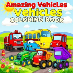 A bright and playful cover for a children's vehicles coloring book, showcasing a variety of cute and cartoonish vehicles