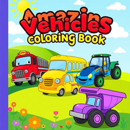 A bright and playful cover for a children's vehicles coloring book, showcasing a variety of cute and cartoonish vehicles