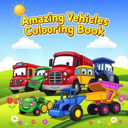 A bright and playful cover for a children's vehicles coloring book, showcasing a variety of cute and cartoonish vehicles