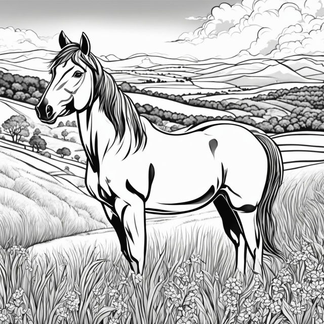 Black and white colouring book page featuring an adorable horse standing in a grassy field with a picturesque landscape in the background