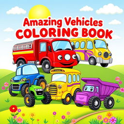 A bright and playful cover for a children's vehicles coloring book, showcasing a variety of cute and cartoonish vehicles