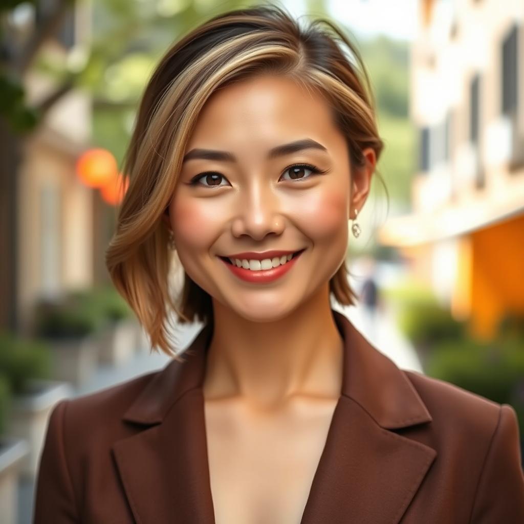 A charming woman aged 30 with Asian features and light-colored hair