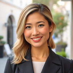 A charming woman aged 30 with Asian features and light-colored hair