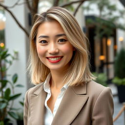 A charming woman aged 30 with Asian features and light-colored hair