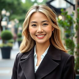 A charming woman aged 30 with Asian features and light-colored hair