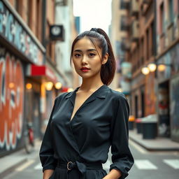 A smartphone wallpaper image of a 31-year-old Asian woman with a sleek ponytail and a sophisticated look, captured as if by a professional photographer