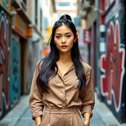 A smartphone wallpaper image of a 31-year-old Asian woman with a sleek ponytail and a sophisticated look, captured as if by a professional photographer