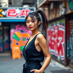 A smartphone wallpaper image of a 31-year-old Asian woman with a sleek ponytail and a sophisticated look, captured as if by a professional photographer