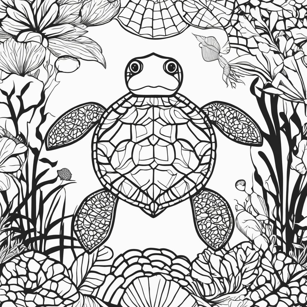 Black and white colouring book page featuring an adorable turtle with a geometrically patterned shell, surrounded by simple outlines of seaweed and coral