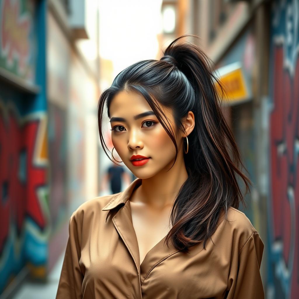 A smartphone wallpaper image of a 31-year-old Asian woman with a sleek ponytail and a sophisticated look, captured as if by a professional photographer