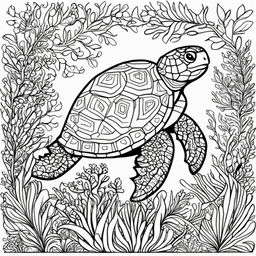 Black and white colouring book page featuring an adorable turtle with a geometrically patterned shell, surrounded by simple outlines of seaweed and coral