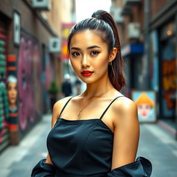 A smartphone wallpaper image of a 31-year-old Asian woman with a sleek ponytail and a sophisticated look, appearing as if captured by a professional photographer
