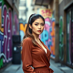 A smartphone wallpaper image of a 31-year-old Asian woman with a sleek ponytail and a sophisticated look, appearing as if captured by a professional photographer