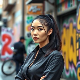 A smartphone wallpaper image of a 31-year-old Asian woman with a sleek ponytail and a sophisticated look, appearing as if captured by a professional photographer