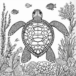 Black and white colouring book page featuring an adorable turtle with a geometrically patterned shell, surrounded by simple outlines of seaweed and coral