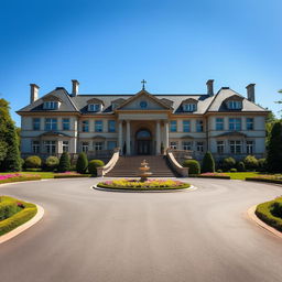 A picturesque baron's estate, featuring a grand entrance with a wide driveway leading directly up to the impressive front steps that ascend to a majestic door