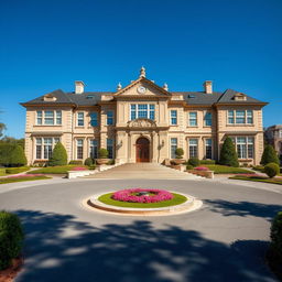 A picturesque baron's estate, featuring a grand entrance with a wide driveway leading directly up to the impressive front steps that ascend to a majestic door