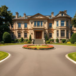 A picturesque baron's estate, featuring a grand entrance with a wide driveway leading directly up to the impressive front steps that ascend to a majestic door