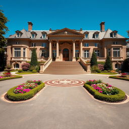 A picturesque baron's estate, featuring a grand entrance with a wide driveway leading directly up to the impressive front steps that ascend to a majestic door