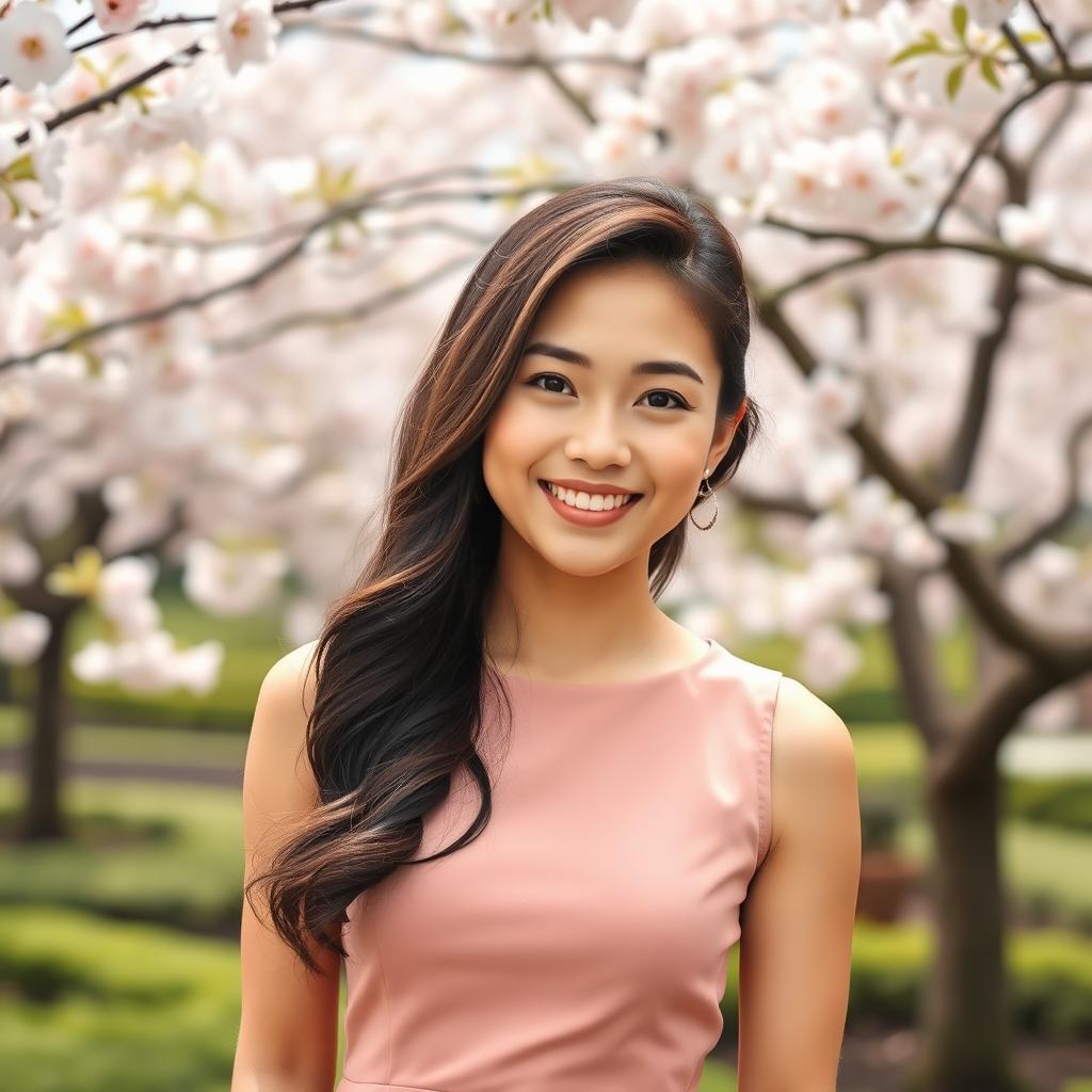 A smartphone wallpaper image of a 35-year-old Filipina woman with shoulder-length hair styled in soft waves, appearing as if photographed by a professional photographer