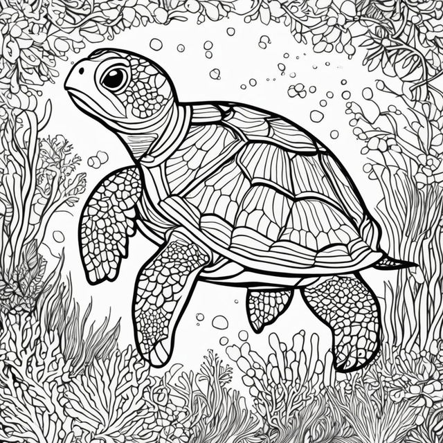 Black and white colouring book page featuring an adorable turtle with a geometrically patterned shell, surrounded by simple outlines of seaweed and coral